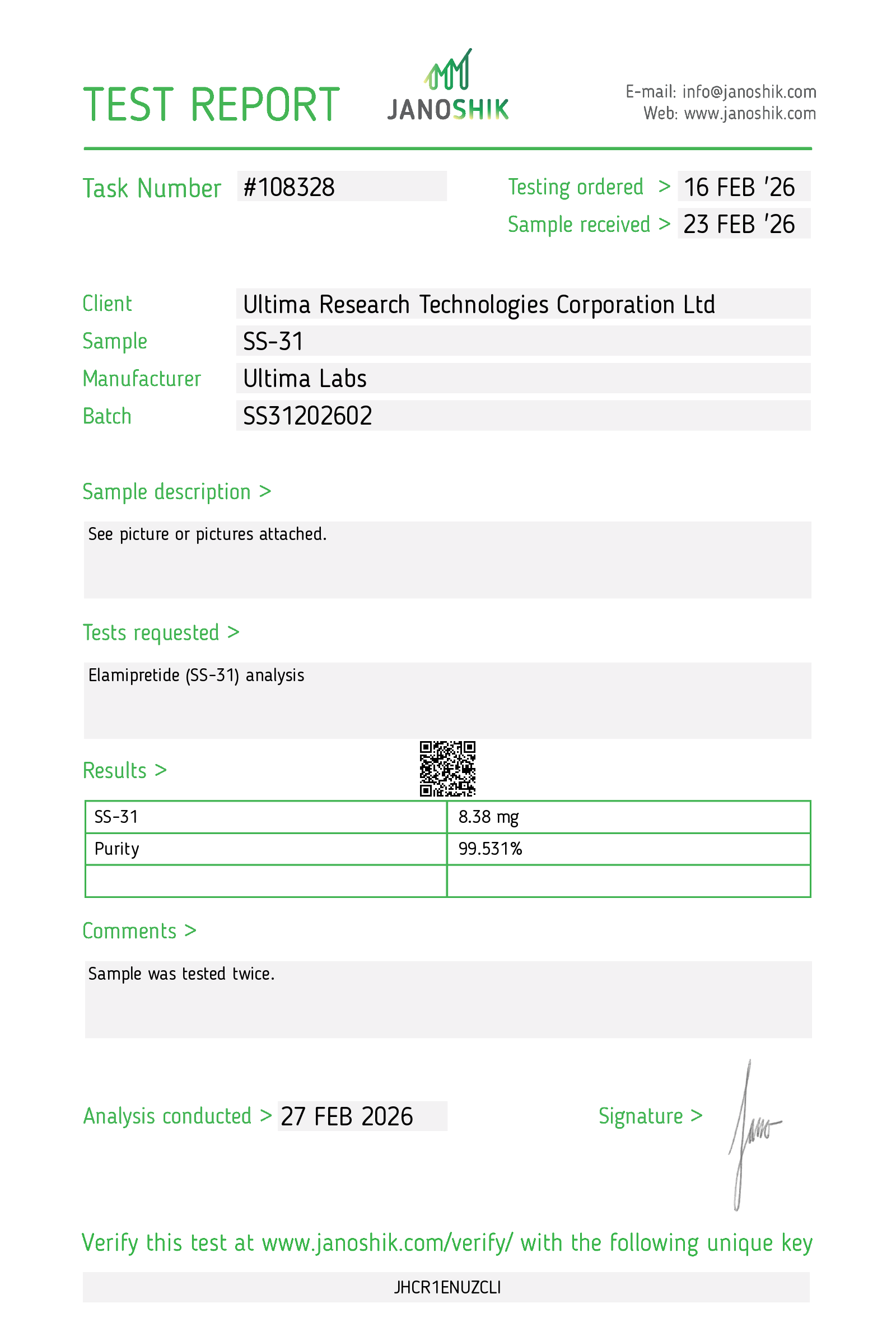 Certificate of Analysis - SS31 10MG