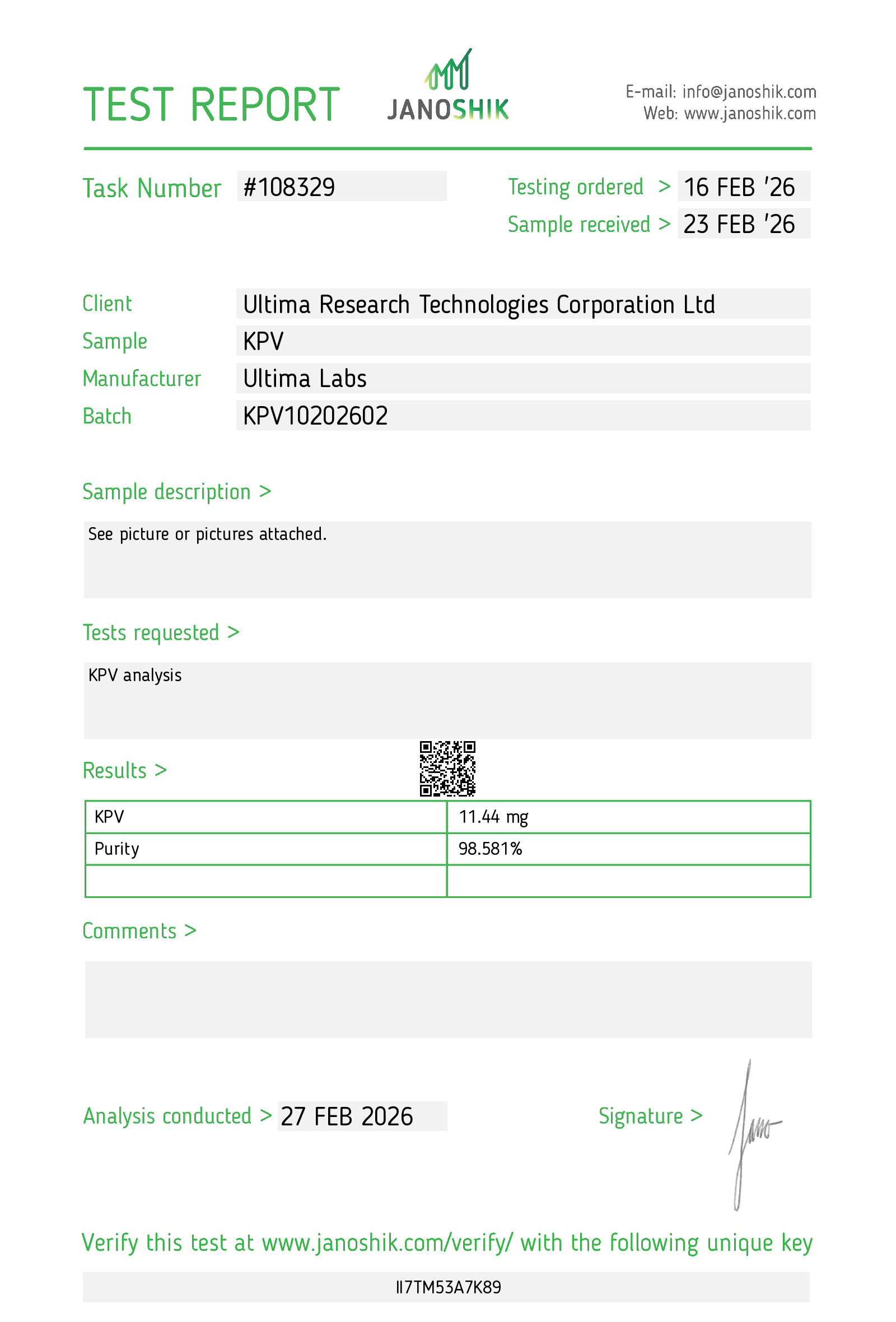 Certificate of Analysis - KPV 10MG