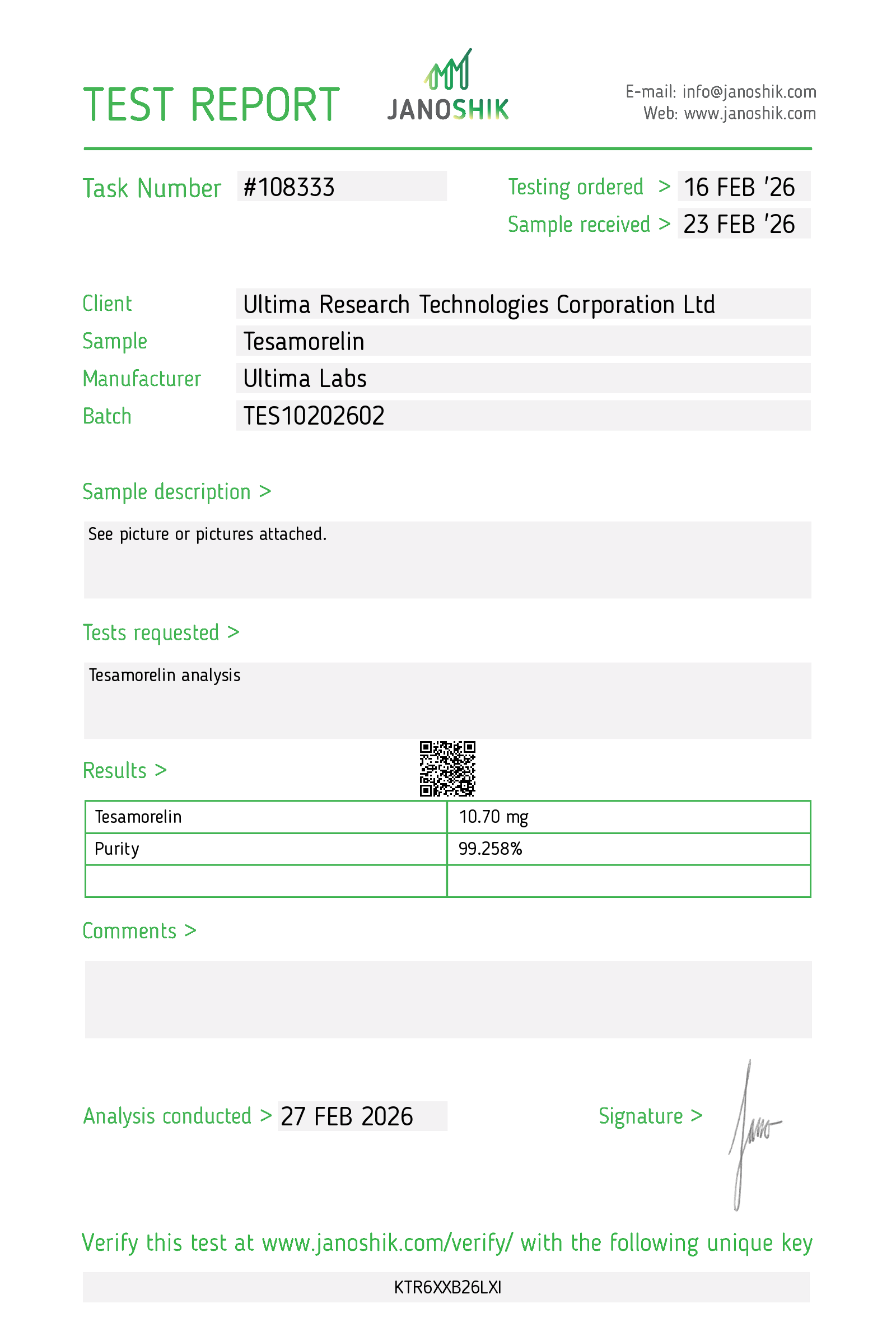 Certificate of Analysis - TESAMORELIN 10MG