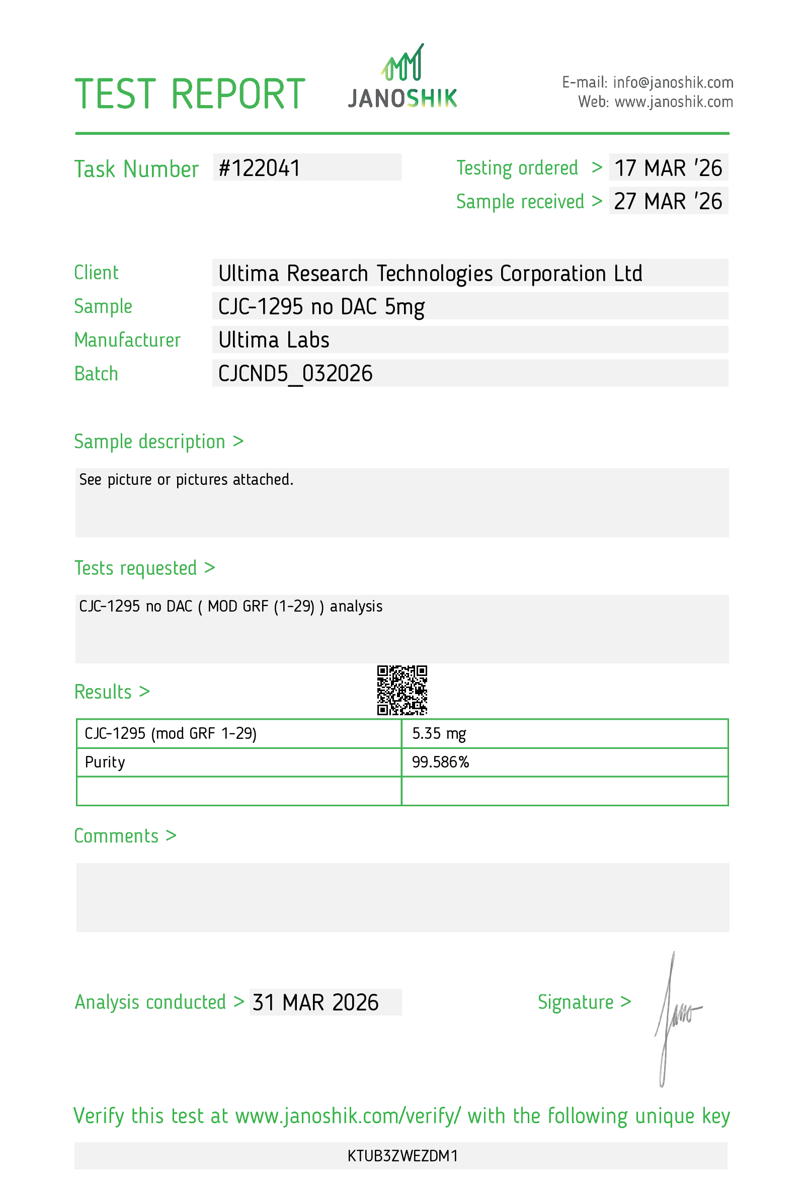 Certificate of Analysis - CJC-1295 NO DAC 5MG