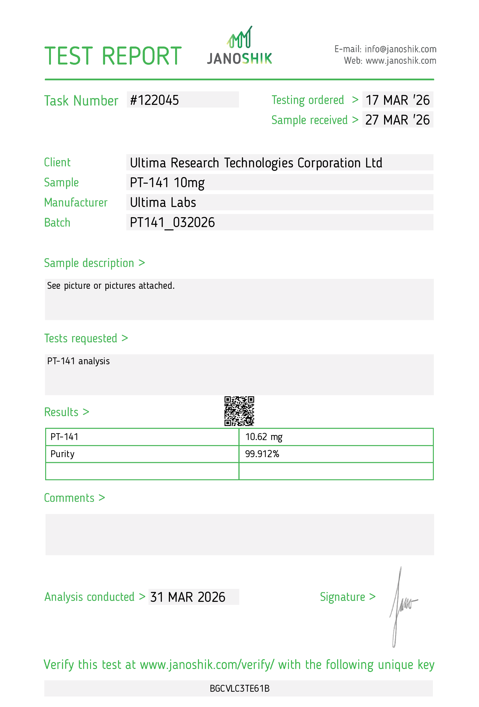 Certificate of Analysis - PT-141 10MG
