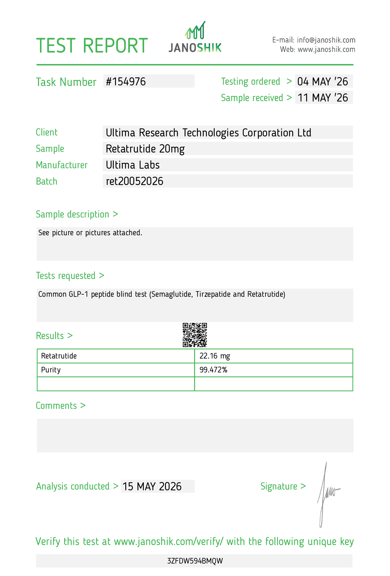 Certificate of Analysis - RETATRUTIDE 20MG