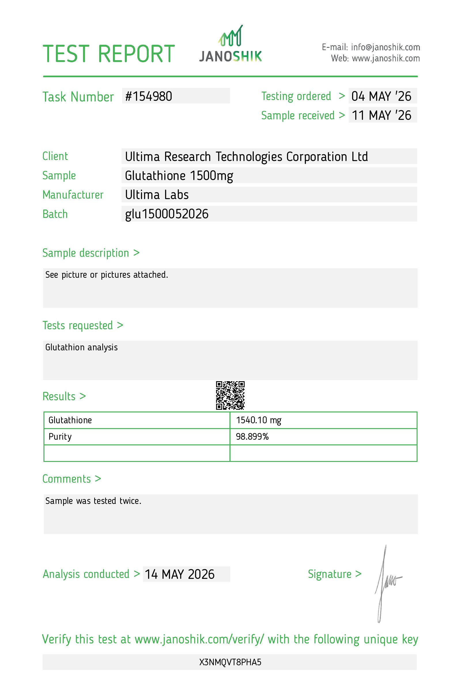 Certificate of Analysis - Glutathione 1500MG