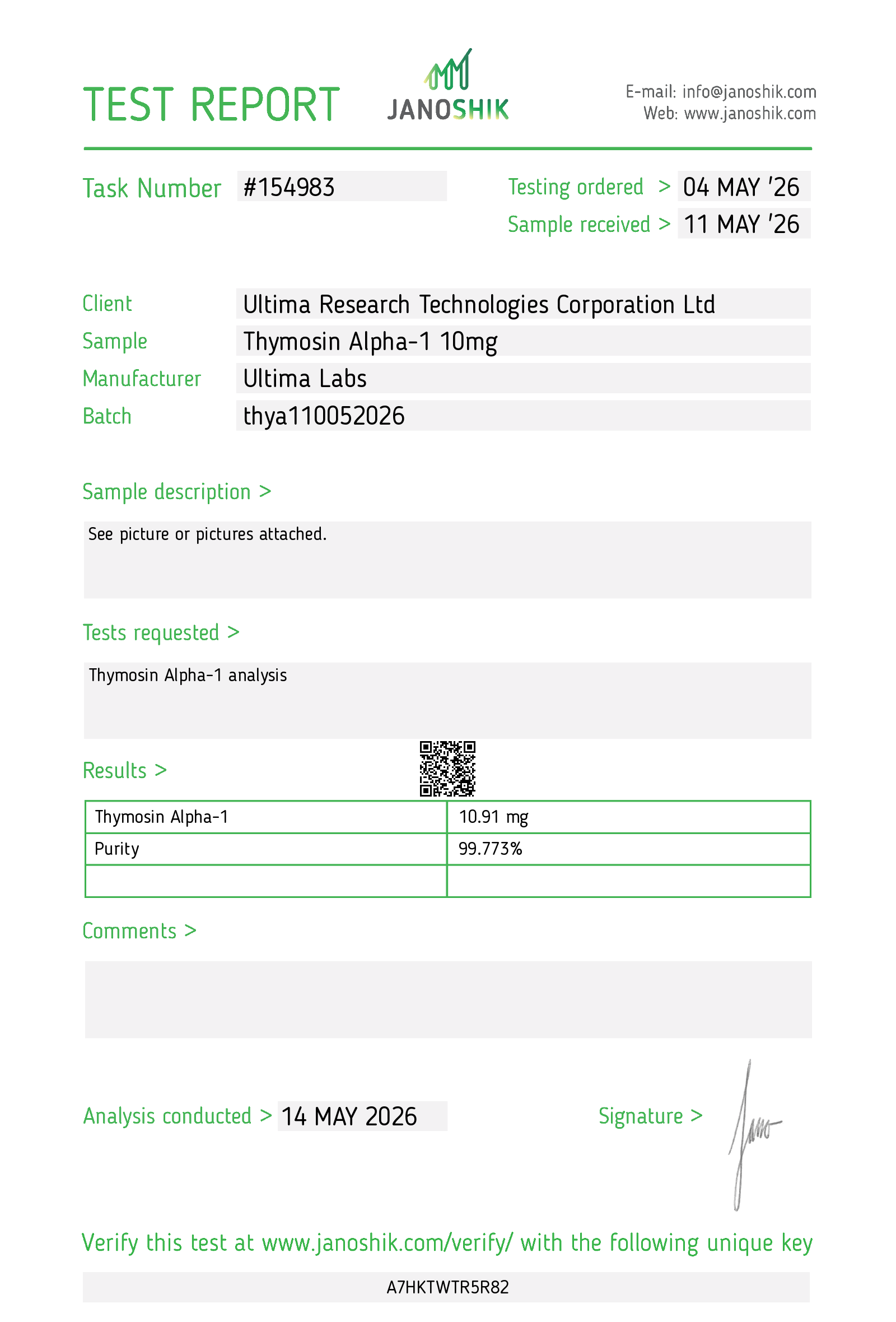 Certificate of Analysis - THYMOSIN ALPHA 1 10MG