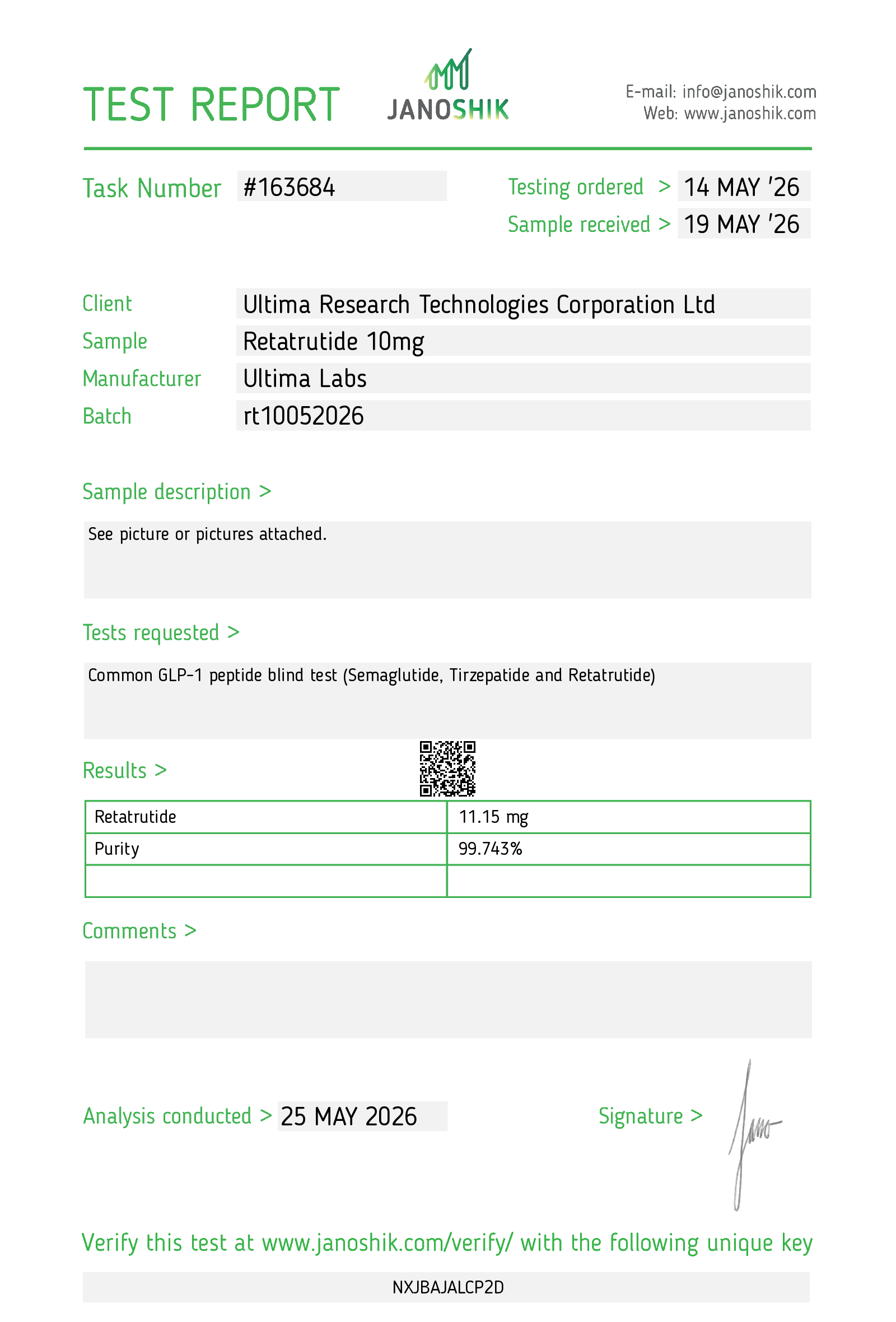 Certificate of Analysis - RETATRUTIDE 10MG