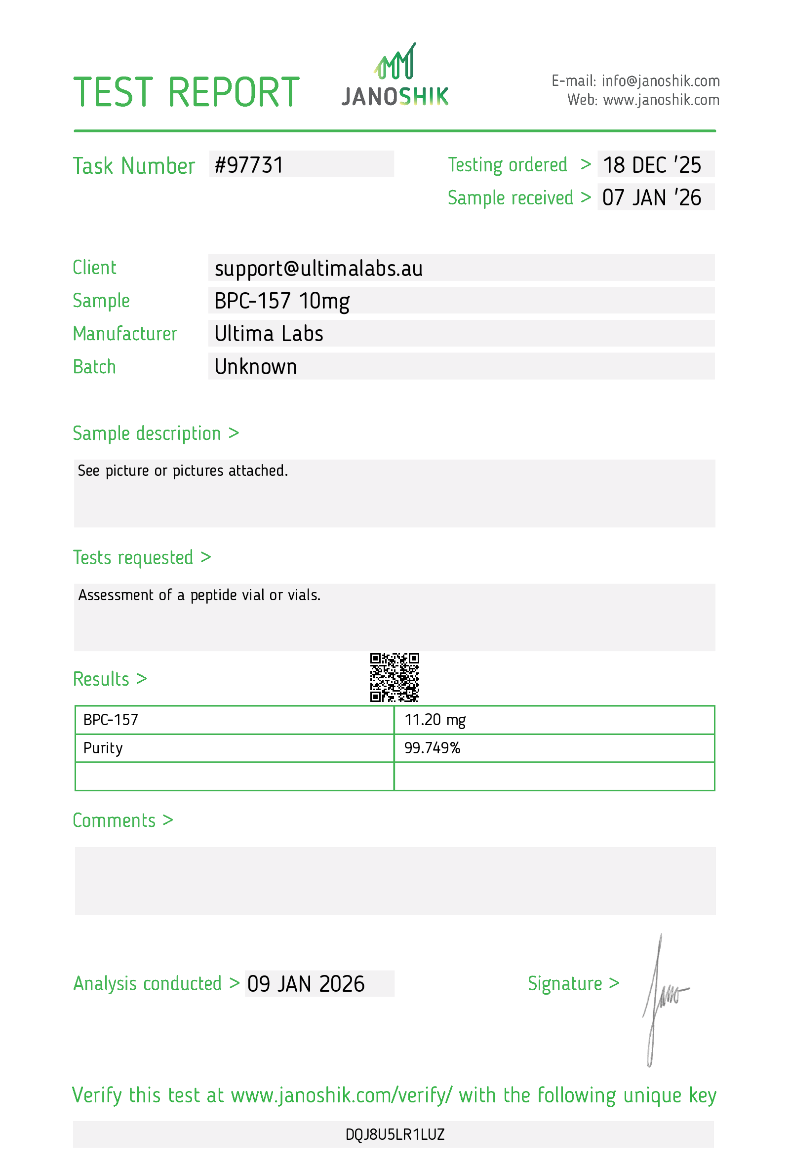 Certificate of Analysis - BPC-157 10MG
